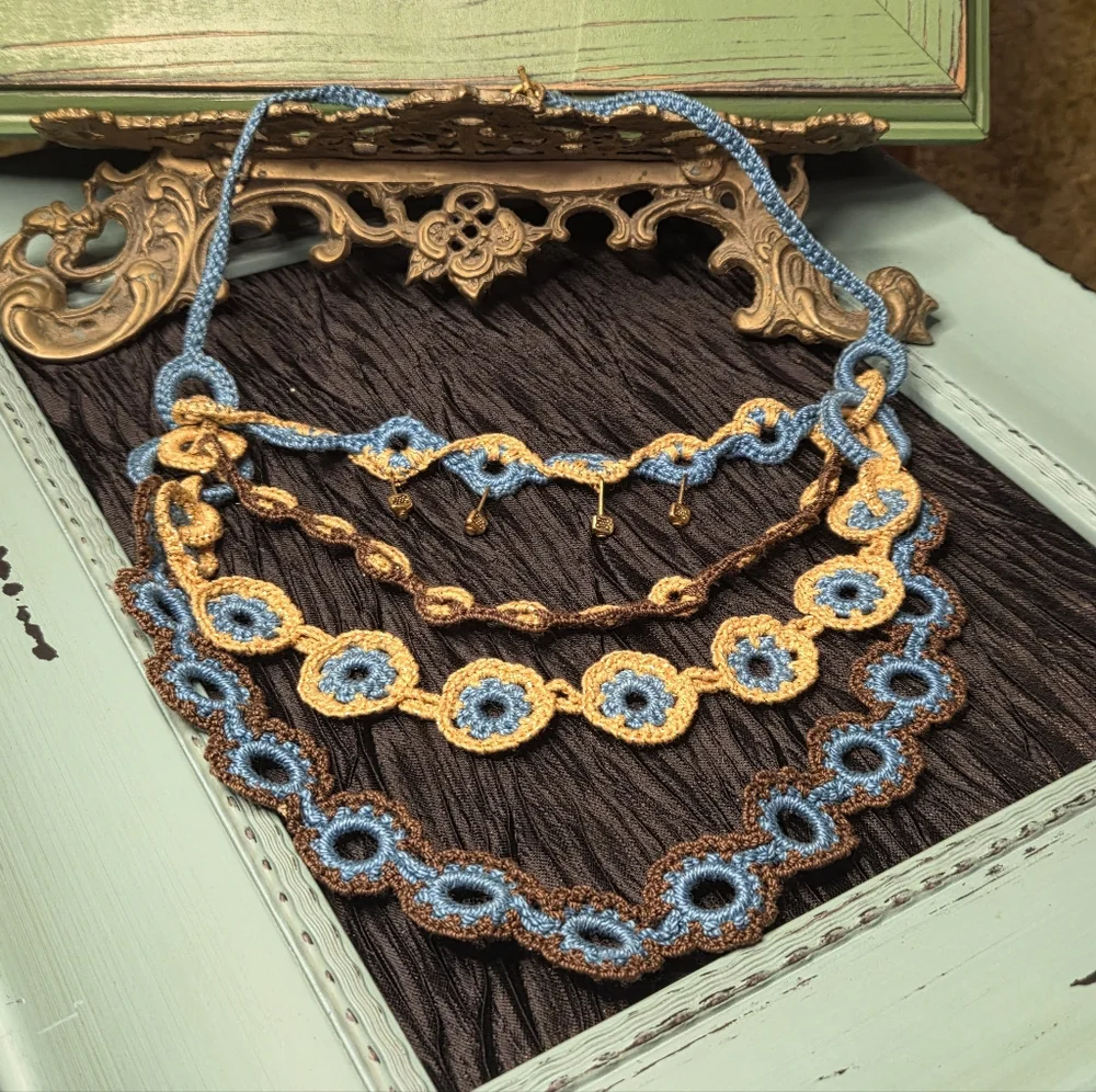 Handcrafted Blue and Gold Crochet Necklace - Picture 2 of 9